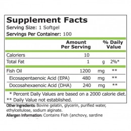 Pure Nutrition USA Omega 3, 1200mg, 100 capsule, Ulei de peste 480 EPA / 240 DHA Beneficii Omega 3 ulei de peste: protejeaza ini
